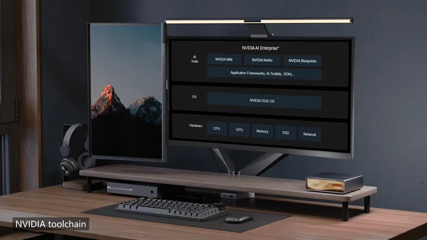 FusionXpark em uma mesa de trabalho, com a pilha de software NVIDIA na tela