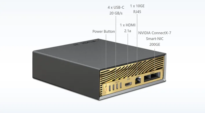 Painel traseiro do FusionXpark com as portas USB-C, HDMI, RJ45, ConnectX-7 e o botão liga e desliga