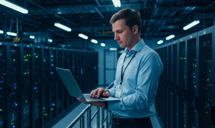 Profissional de TI com notebook em um data center